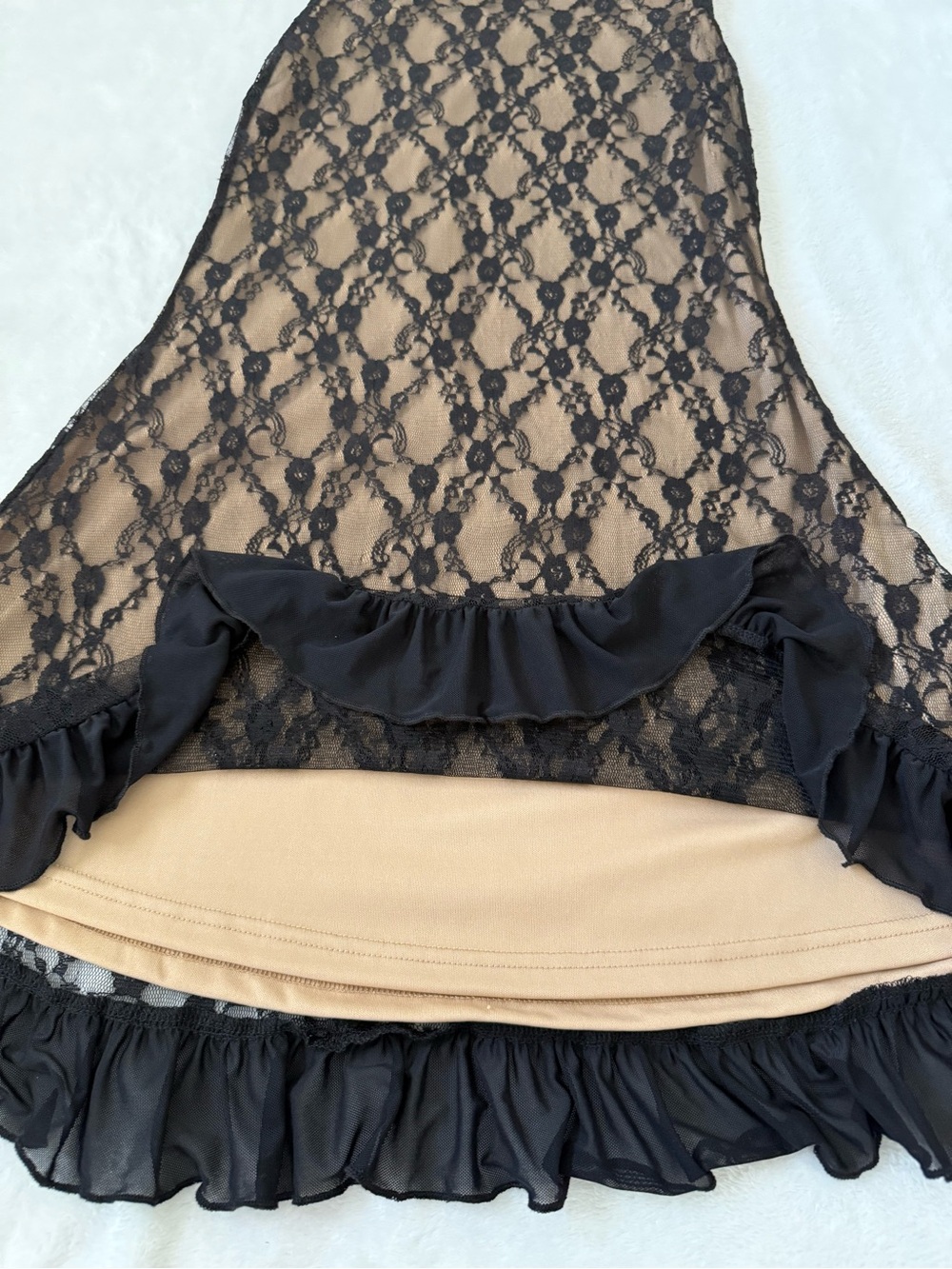 Cider Black Lace Sheer Midi Dress Nude Lining Ruffle Hem Y2K Slip Size S - Picture 6 of 9